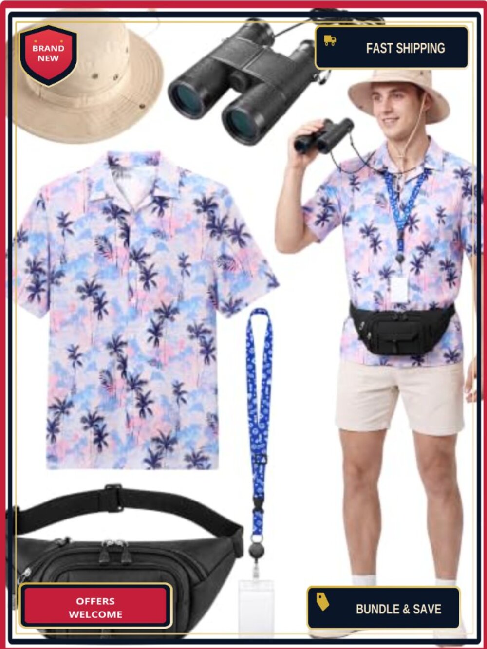 Adult Tacky Tourist Halloween Costume Set Hawaiian Shirt Hat Bag Binoculars